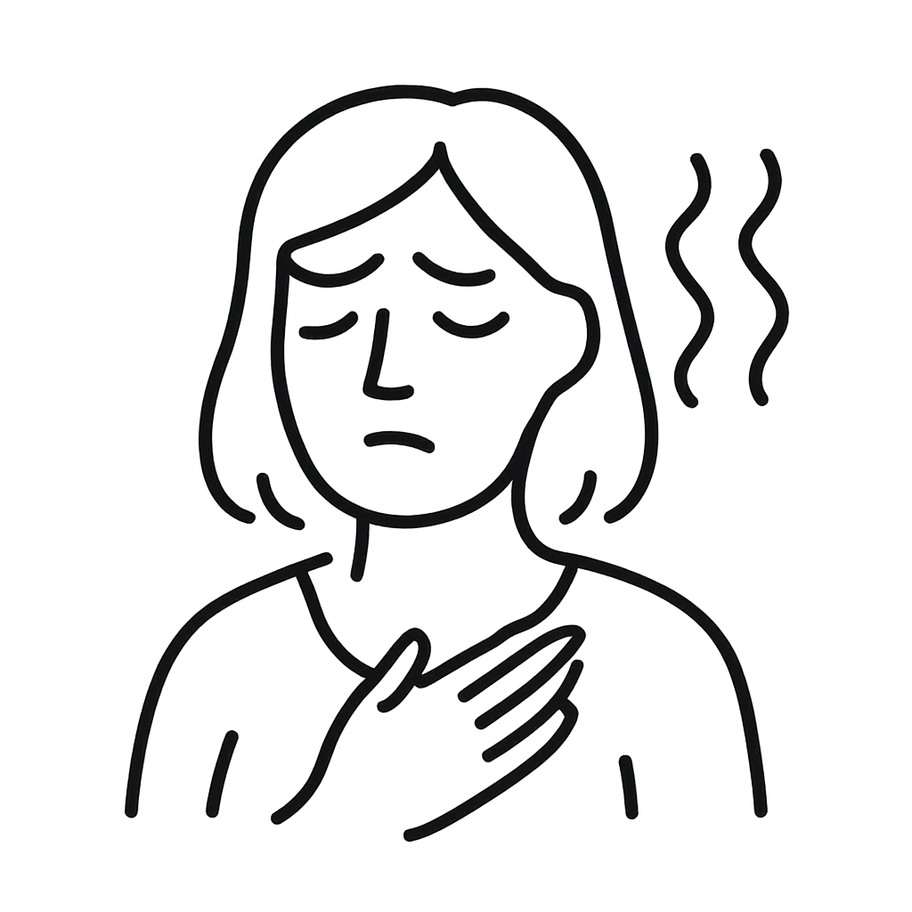 A woman holds her chest with a distressed look.